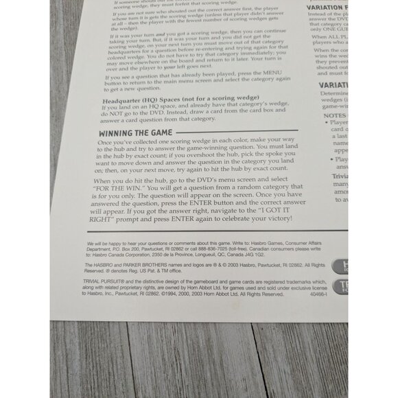 Hasbro 2003 Trivial Pursuit DVD Pop Culture Game Board Replacement Instructions - Picture 7 of 7